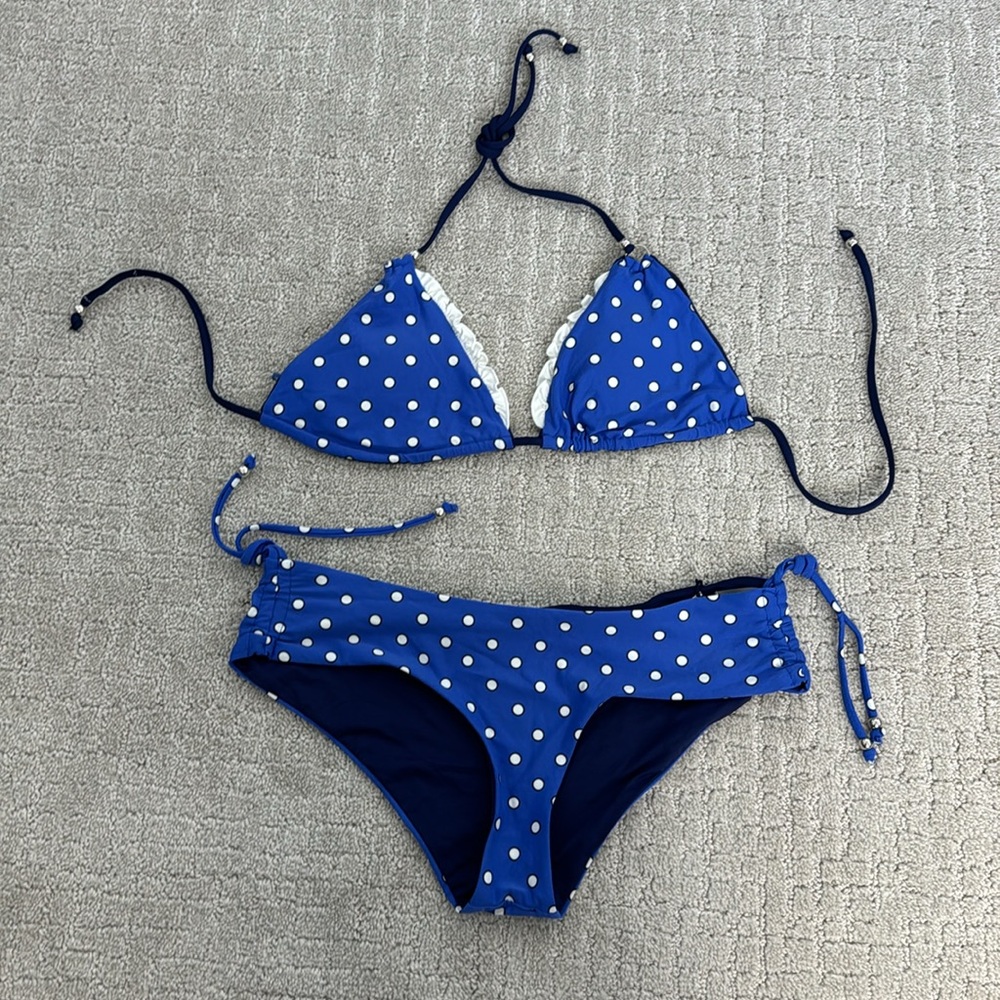 Vitamin A Blue white polka dot ruffle string bikini cheeky two piece swimwear